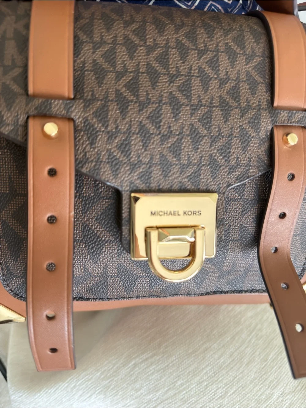 Michael Kors Brown MK Logo Satchel with Gold Hardware